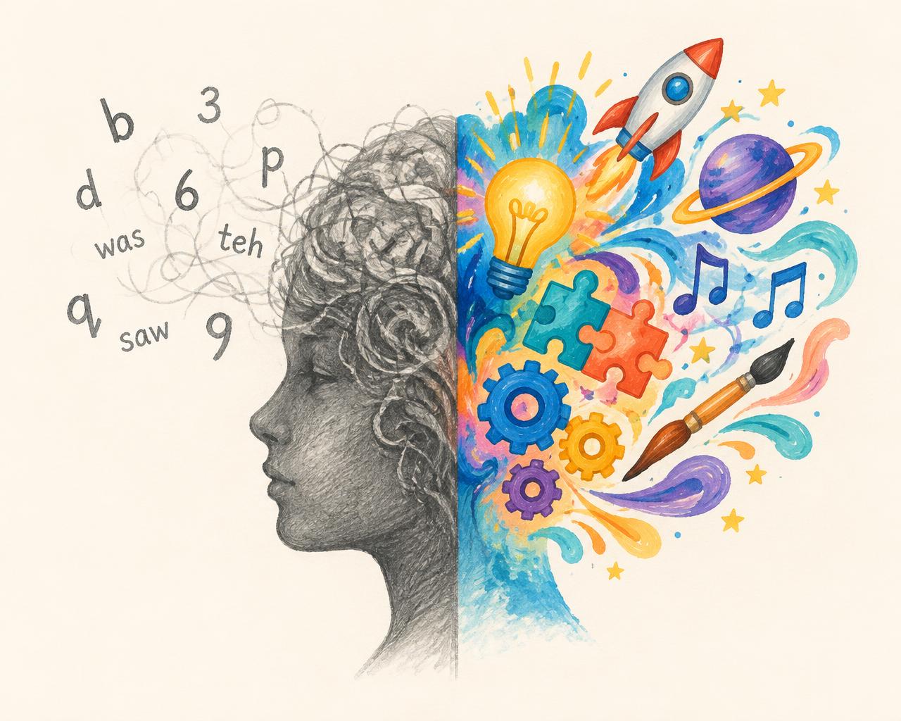 Painted illustration of a head in profile: one half grey pencil swirls with jumbled letters, the other half bursting with colourful painted ideas
