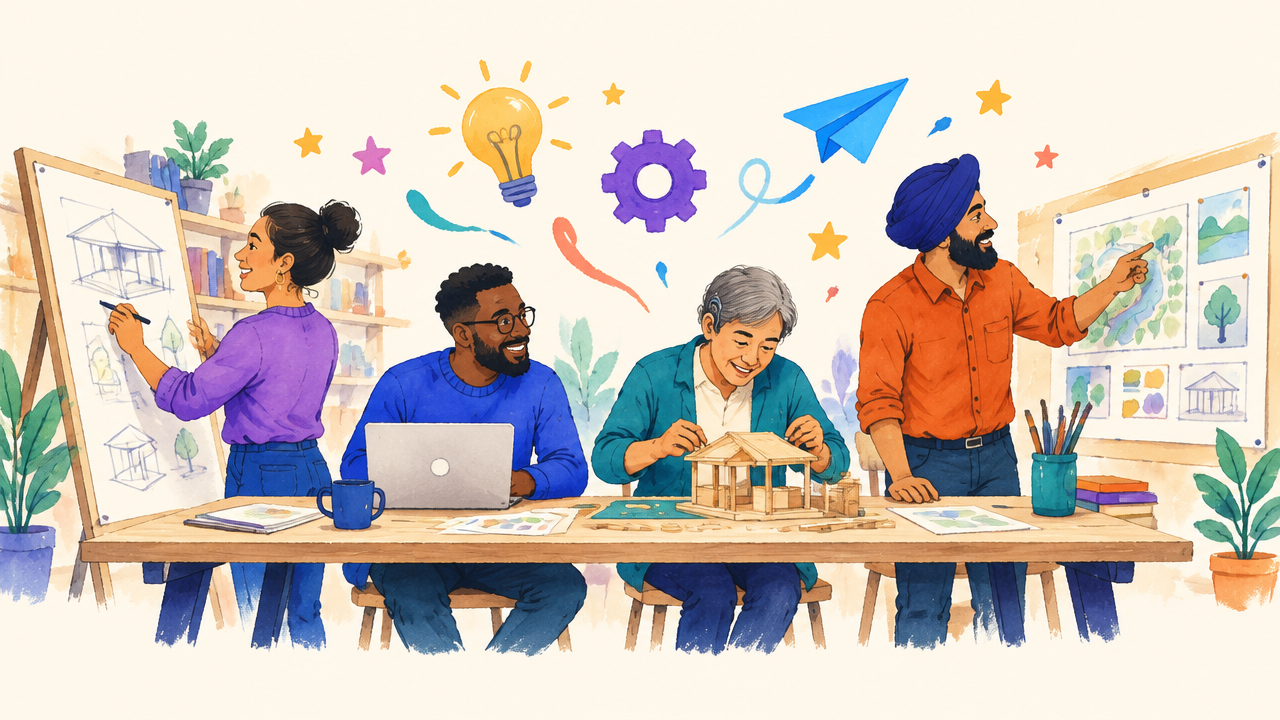 Painted illustration of four people in a studio: sketching a building facade, working on a laptop, assembling a wooden model and pointing at pinned plans, with a painted lightbulb, gear and paper airplane above them