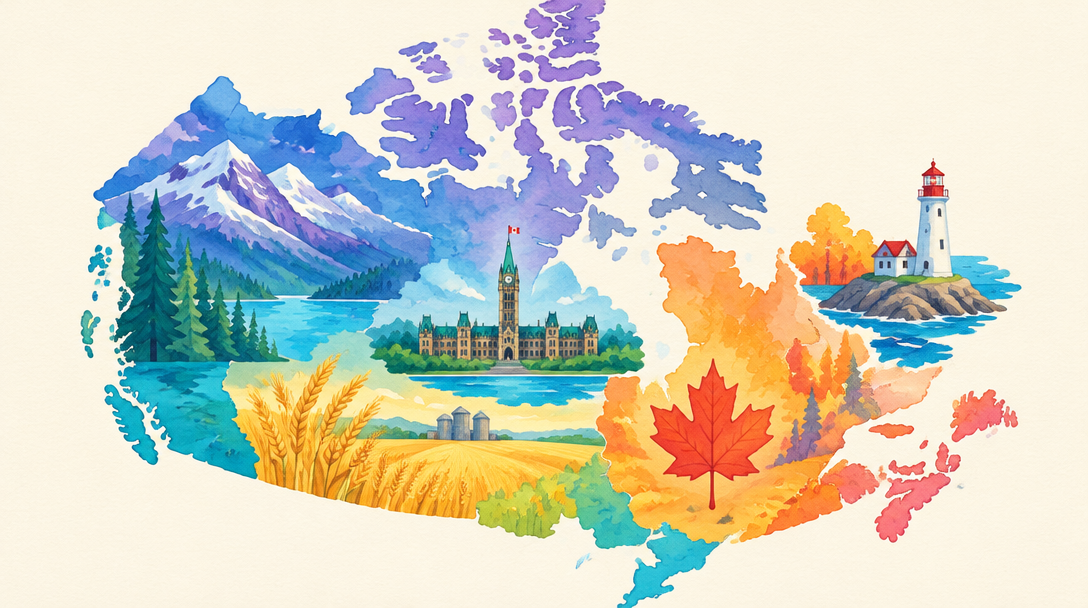 Painted map of Canada with a lighthouse, mountains, wheat fields and a parliament building